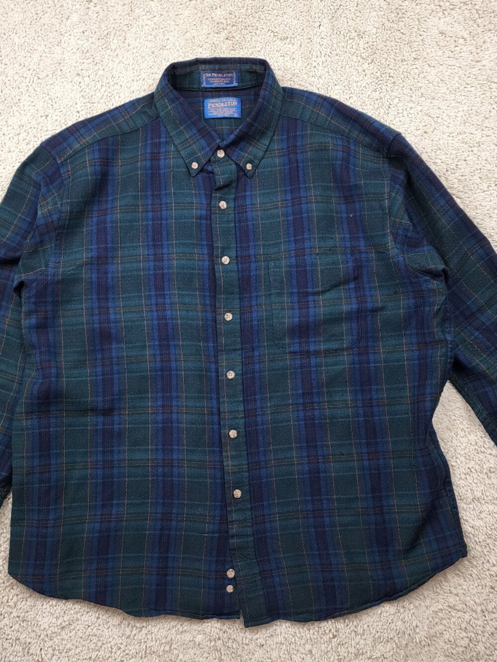 Pendleton Size XL Green Blue Plaid Virgin Wool Flannel Button Up HOLES See PHoto